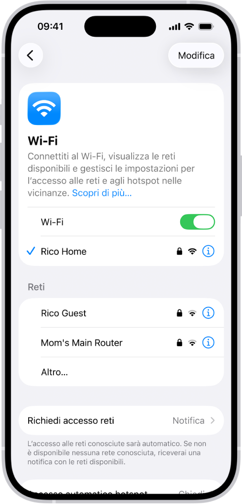 La schermata delle opzioni Wi-Fi in Impostazioni. Il Wi-Fi è attivo ed è selezionata una rete.