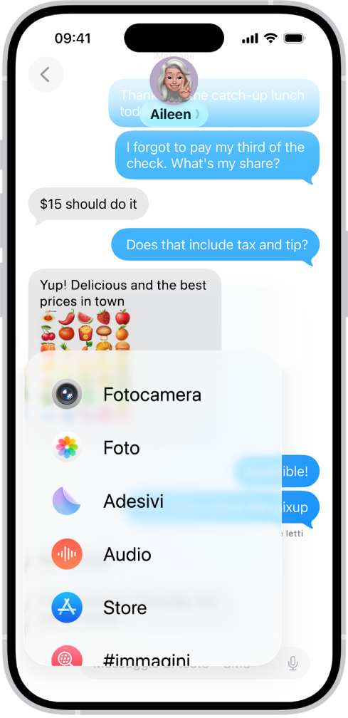 Un elenco di funzionalità che compare dopo aver toccato il pulsante Aggiungi in una conversazione di Messaggi.