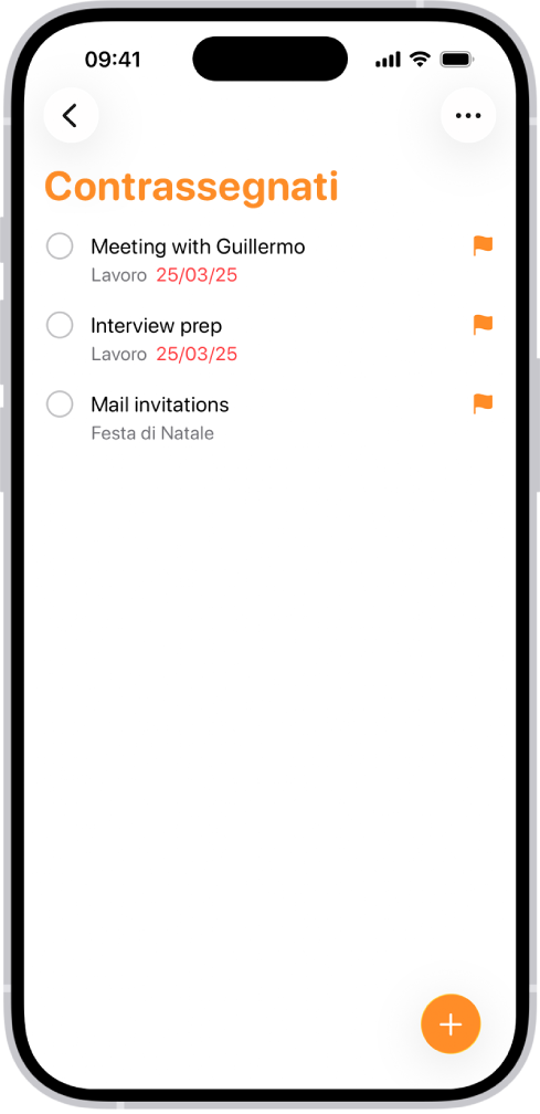 L’elenco smart Contrassegnati nell’app Promemoria, in cui vengono automaticamente raggruppati tutti i promemoria contrassegnati, in modo da creare un elenco consolidato e completo.