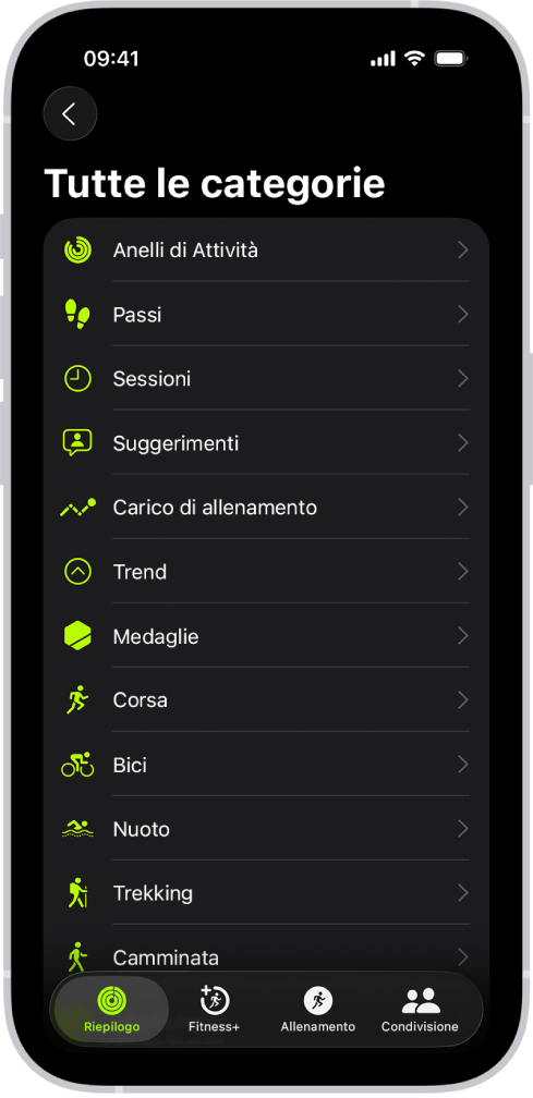 La schermata di Fitness che mostra un elenco delle categorie.