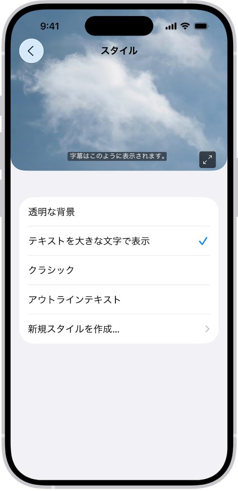 カスタムのスタイルを使用した字幕の例を示すiPhone。