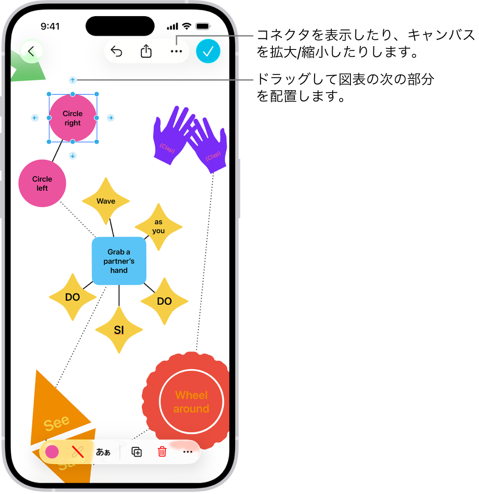 フリーボードのボード上の図表。選択した図形にコネクタが表示され、画面下部には図形のフォーマットツールがあります。