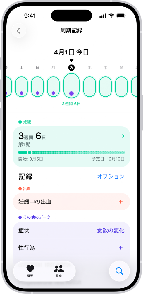 「周期記録」画面。画面上部に、1週間の妊娠タイムラインが表示されています。薄緑色の楕円と紫のドットは、タイムライン上の最初の5日間を表しています。点線になっている薄緑色の楕円は、タイムライン上の他の日を表しています。タイムラインの下には妊娠の概要があり、妊娠期間、妊娠初日、推定された出産予定日が表示されています。妊娠の概要の下には、妊娠中の出血や症状などの情報を追加するオプションがあります。