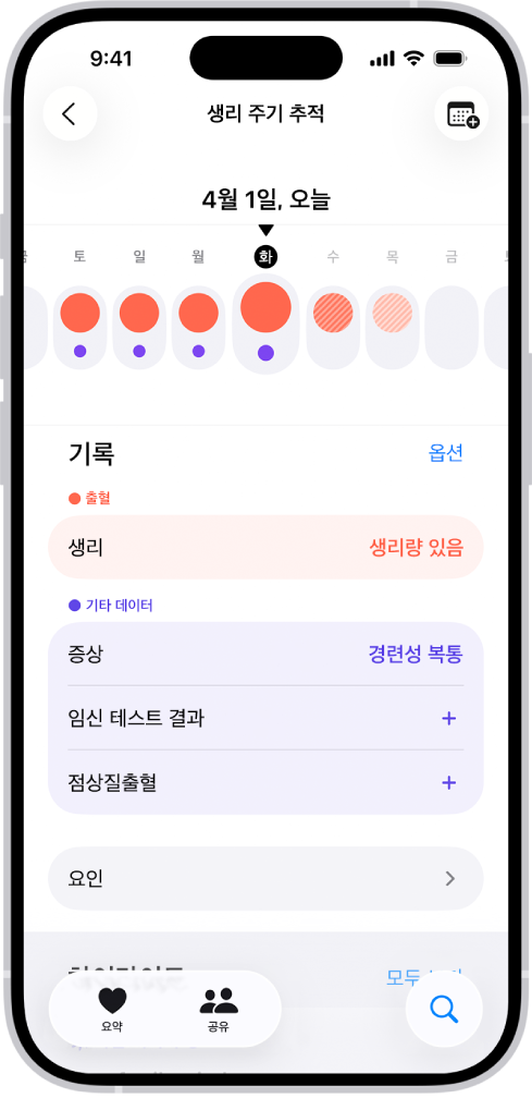 한 주의 타임라인이 화면 상단에 표시된 생리 주기 추적 화면. 타임라인의 처음 5개 요일에 빨간색으로 채워진 동그라미와 보라색 점이 표시됨. 타임라인 아래에는 생리, 증상 등에 관한 정보를 추가하는 옵션이 있음.