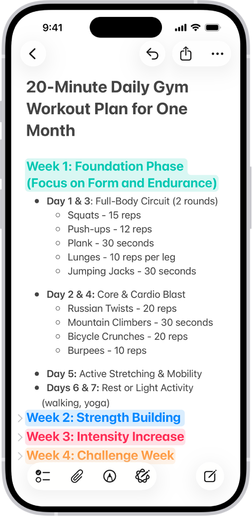 Užrašas programoje „Užrašai“ su suskleidžiamomis antraštėmis ekrano viršuje.