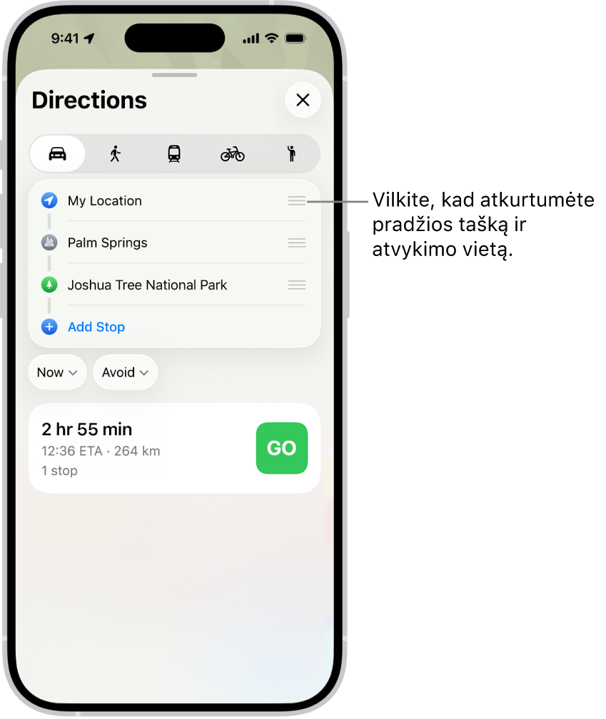 Žemėlapis su keliais galimais vairavimo maršrutais, kuriais galima važiuoti tarp „Mano vietos“ ir atvykimo vietos.