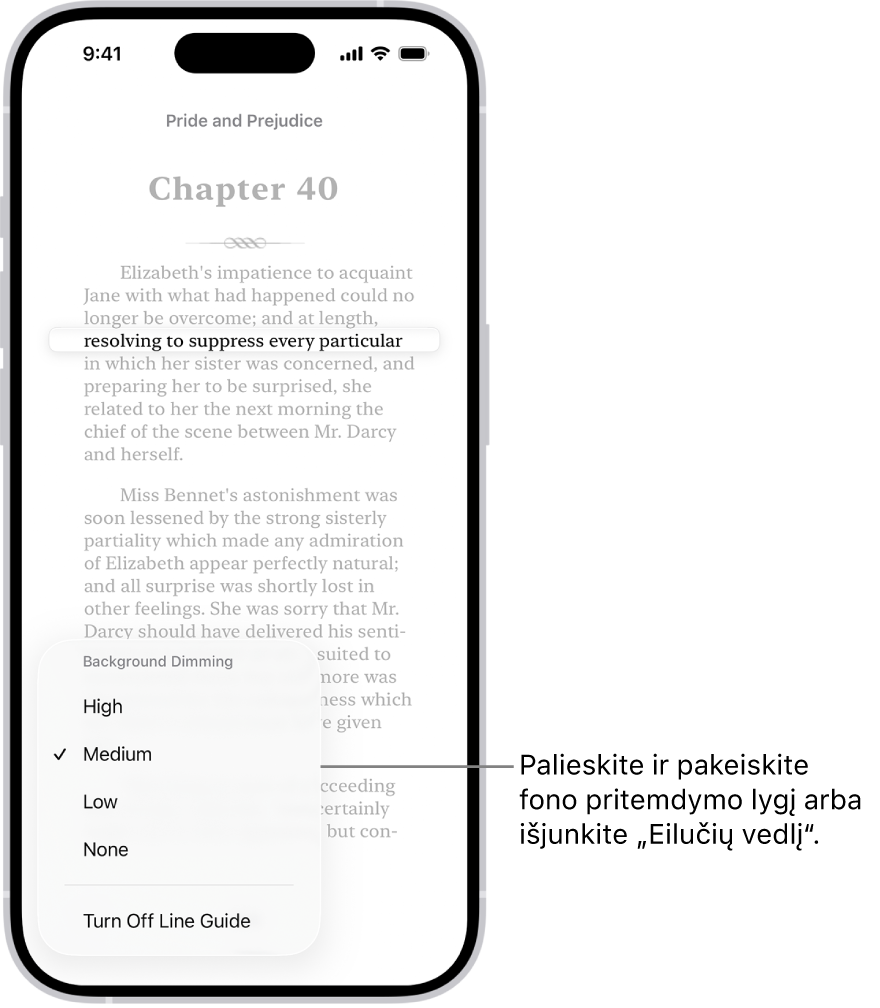 Programos „Knygos“ puslapis. Paryškinta viena teksto eilutė, o likusi teksto dalis pritemdyta. Ekrano apatiniame kairiajame kampe yra mygtukas „Eilučių vedlio meniu“.