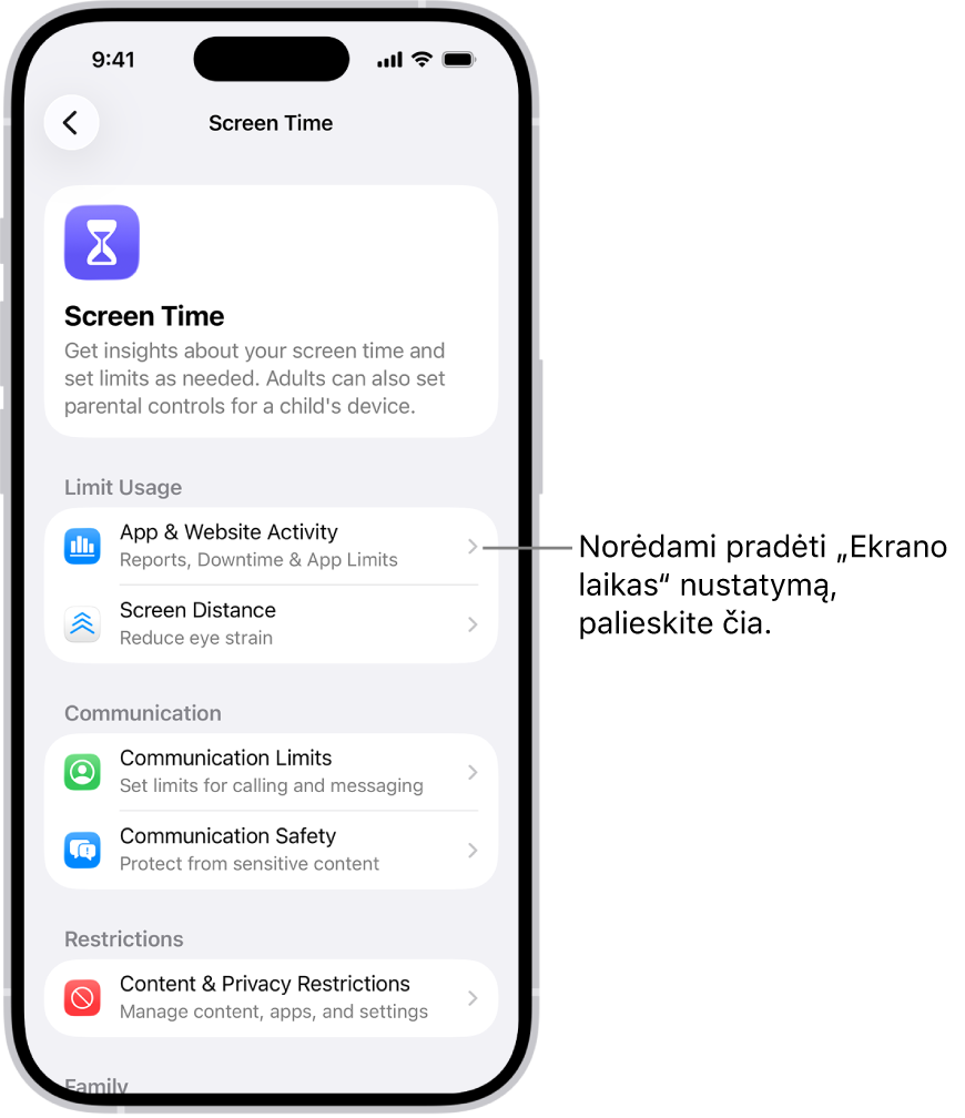 „Ekrano laiko“ nustatymo ekranas, kuriame rodoma, kad norint pradėti reikia bakstelėti parinktį „Programų ir svetainių veikla“.