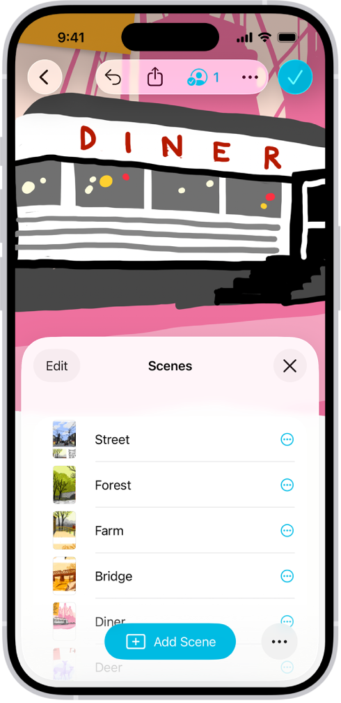 Freeform plāksne ar atvērtu Scene Navigator un vairākām saglabātām ainām.