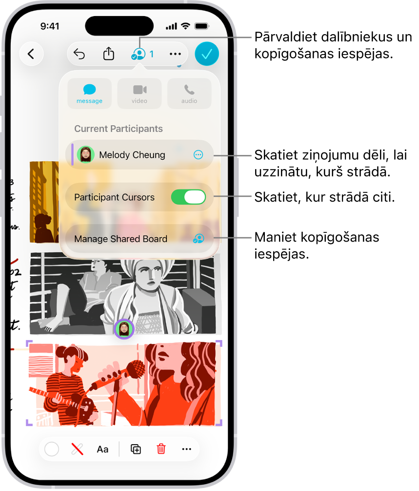 Kopīgots Freeform panelis iPhone tālrunī ar atvērtu sadarbošanās izvēlni.