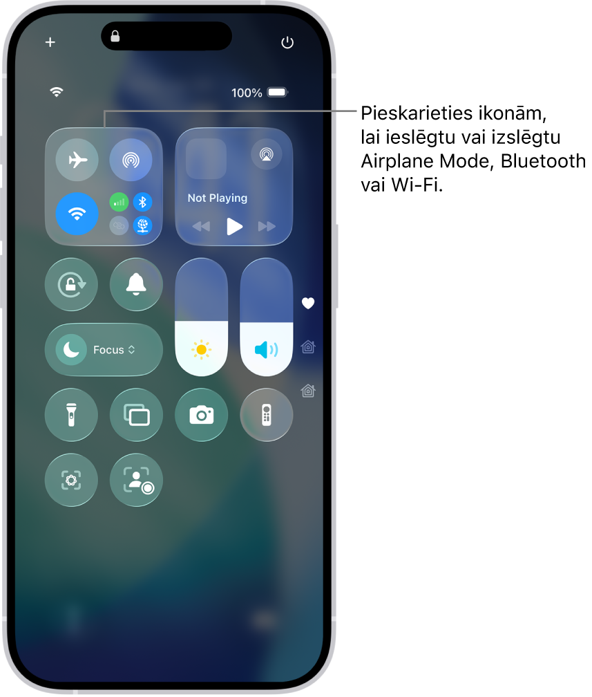 Izvēlnes Control Center ekrāns, kurā norādīts, ka pieskāriens augšējai pogai pa kreisi ieslēdz lidmašīnas režīmu.
