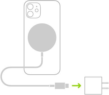 iPhone च्या मागील बाजूस अटॅच केलेल्या MagSafe चार्जरचे एक टोक आणि पॉवर अडॅप्टरला कनेक्ट केलेले दुसरे टोक दाखवणारे चित्रण.