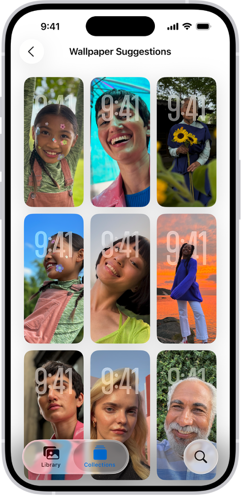 छायाचित्र ॲपमध्ये ‘वॉलपेपर सूचना’ उघडल्या आहेत. छायाचित्रांची ऑटोमॅटिकली उत्पन्न केलेली संयोजने, फिल्टर इफेक्ट्स आणि क्लॉक फेस फॉण्ट्स सूचनांच्या ग्रिडमध्ये दिसतात.