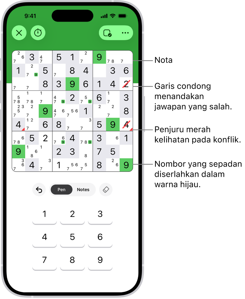 Teka-teki sudoku dengan beberapa ciri diaktifkan: Nota, Serlahkan Nombor Sepadan, Tunjukkan Konflik dan Autocheck.