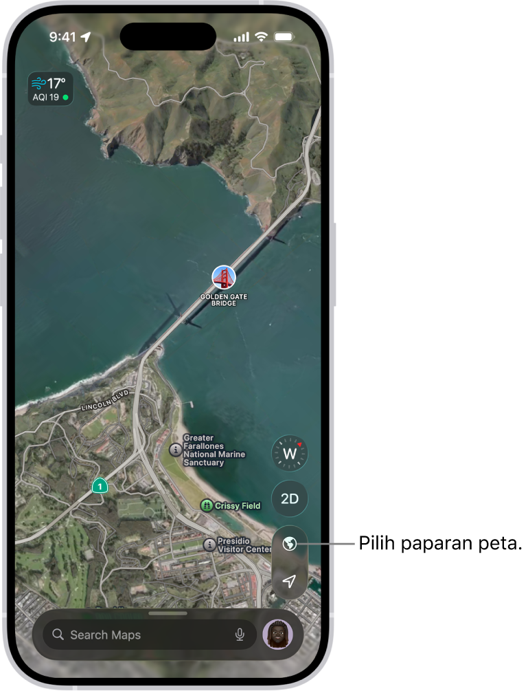 Peta jalan dan taman 3D menunjukkan pokok, tempat tarikan dan lokasi seperti tandas.