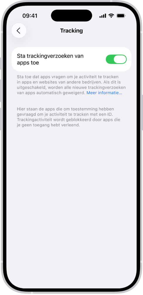 Het scherm van 'Tracking', met een instelling waarmee je bepaalt of apps kunnen vragen of ze je mogen volgen op websites of in apps van derden.
