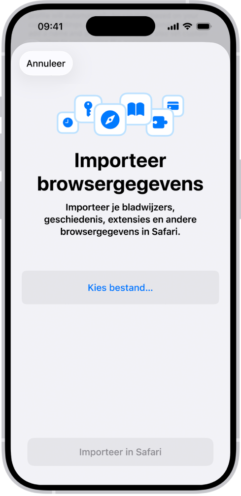 Het scherm 'Importeer browsergegevens' met de vraag om het bestand te kiezen dat je wilt importeren.