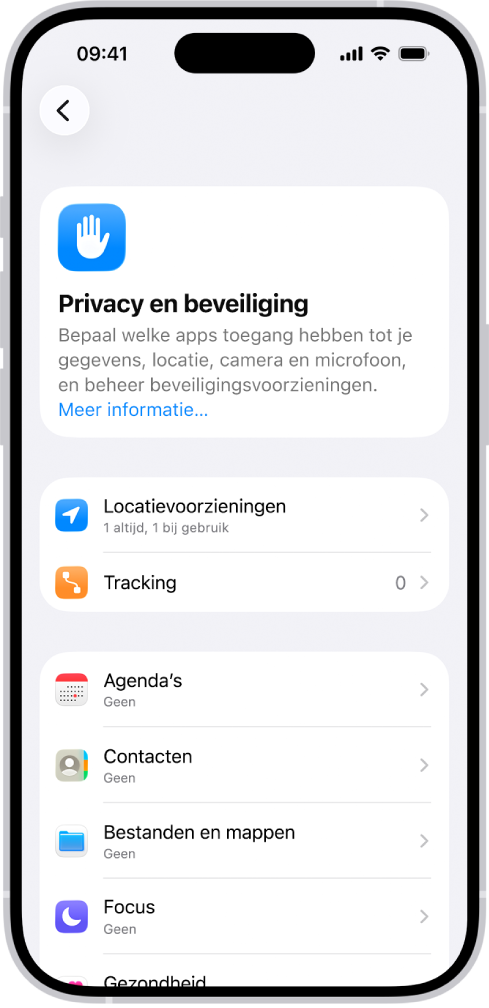 Het scherm van 'Privacy en beveiliging', met instellingen voor locatievoorzieningen en tracking, en instellingen waarmee je bepaalt welke apps toegang tot je gegevens hebben.