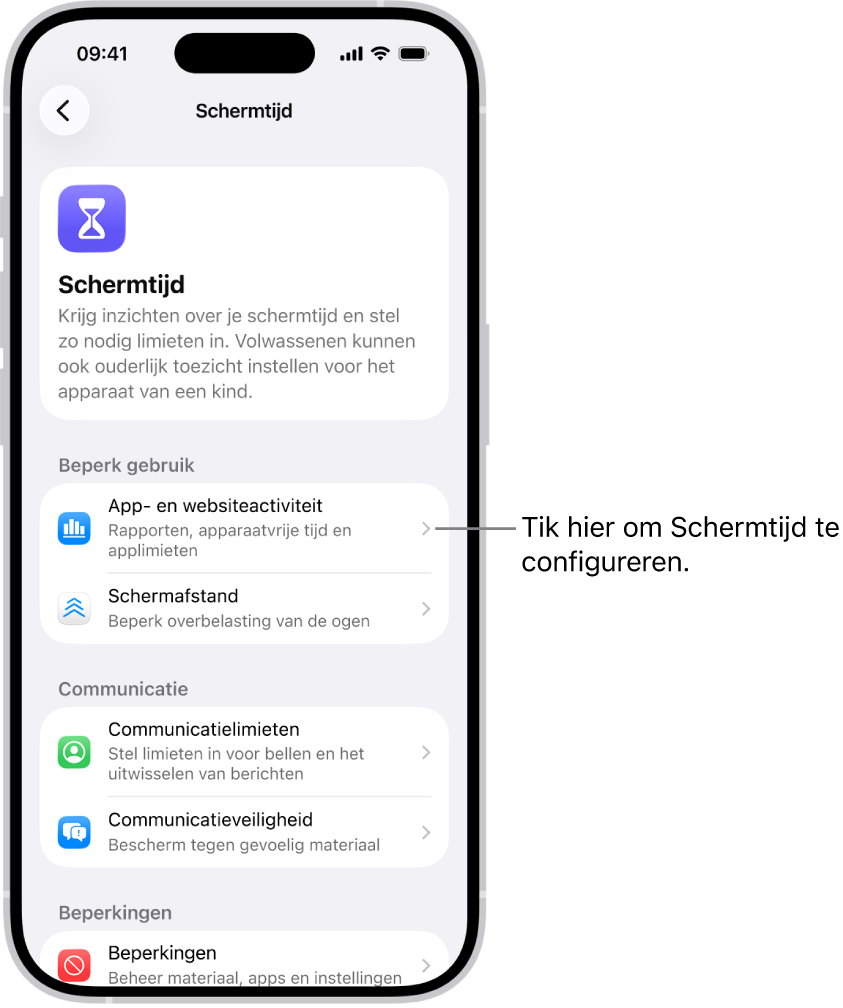 Het scherm om Schermtijd te configureren, waarbij wordt aangegeven dat je hiervoor op 'App- en websiteactiviteit' moet tikken.