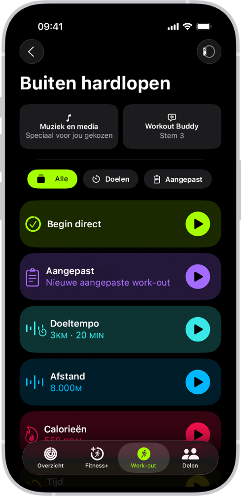 Het Work-out-scherm in Conditie, met details van een work-out 'Buiten hardlopen'. Onder 'Buiten hardlopen' staan opties om media te kiezen en Workout Buddy te configureren. In het midden staan van boven naar beneden opties voor het starten van een work-out, een aangepaste work-out, een work-out met een doeltempo en work-outs met een doel voor afstand en calorieën.