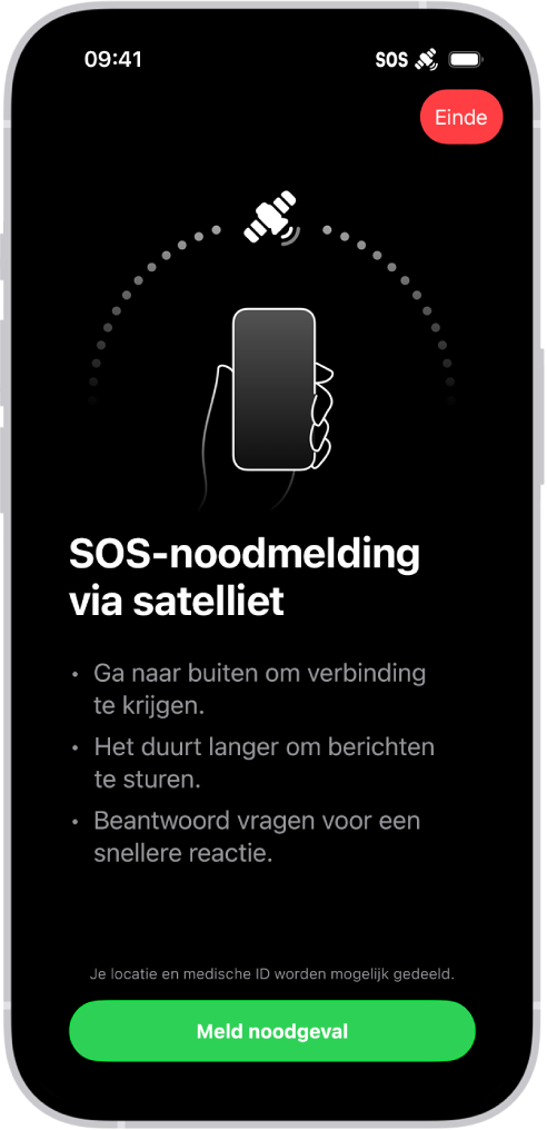 Het scherm van 'SOS-noodmelding', waarop te zien is dat de telefoon is aangesloten en de gebruiker de instructie krijgt om de telefoon in de richting van de satelliet te houden. De knop 'Meld noodgeval' staat onder in het scherm.