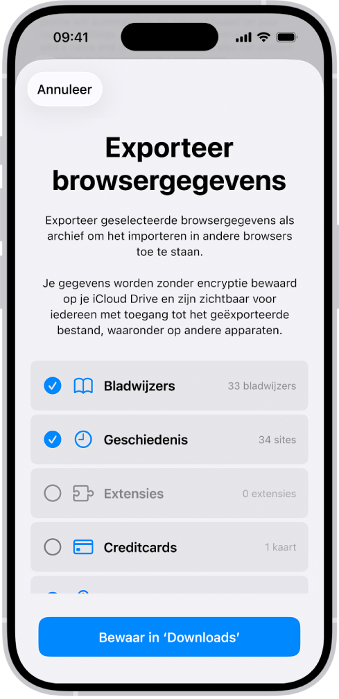 Het scherm voor het exporteren van browsergegevens, met de gegevens die je vanuit Safari kunt exporteren naar een andere browser.