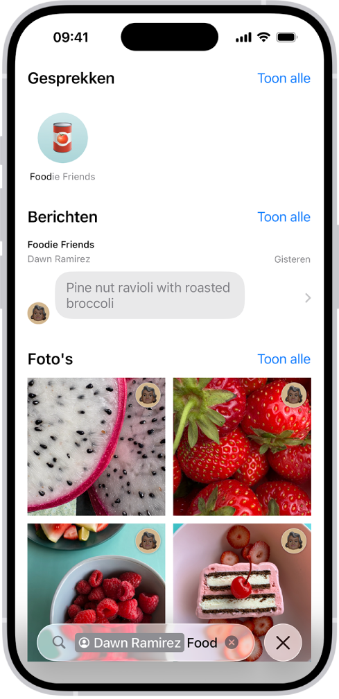 Zoekresultaten in de Berichten-app. Het zoekveld heeft een tag die de zoekopdracht beperkt tot berichten van een bepaalde persoon.