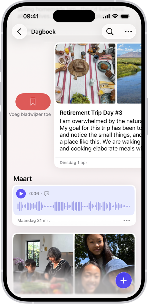 Een scherm in de Dagboek-app met dagboeknotities. Eén notitie is naar rechts geveegd en daarbij is de bladwijzerknop zichtbaar.