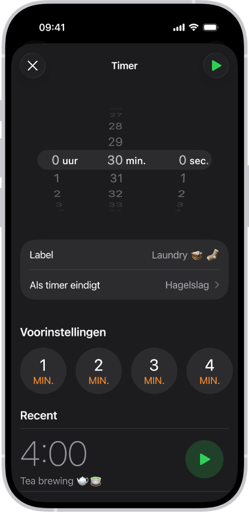 Een scherm voor het toevoegen van een timer, met instellingen om een timer in te stellen en een knop om een onlangs aangemaakte timer te starten.