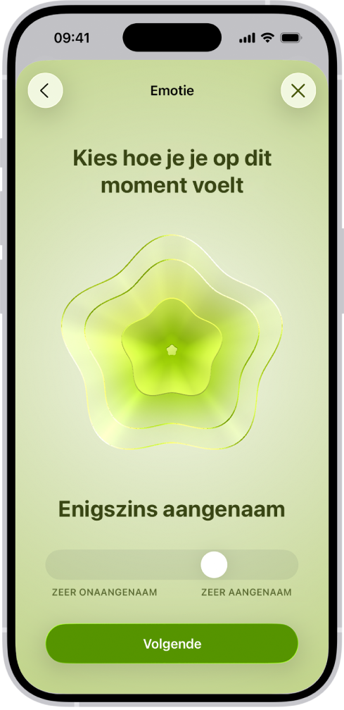 Een scherm in de Gezondheid-app waarin de huidige stemming als 'Enigszins aangenaam' wordt aangeduid. Onder in het scherm is een schuifknop om de sterkte van de emotie aan te passen.