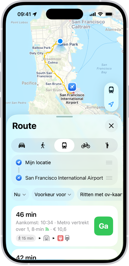 Een kaart met ov-routes. Onder in de routekaart staan details voor de route, waaronder de geschatte reistijd en de totale kosten. Rechts naast de details staat een 'Start'-knop.