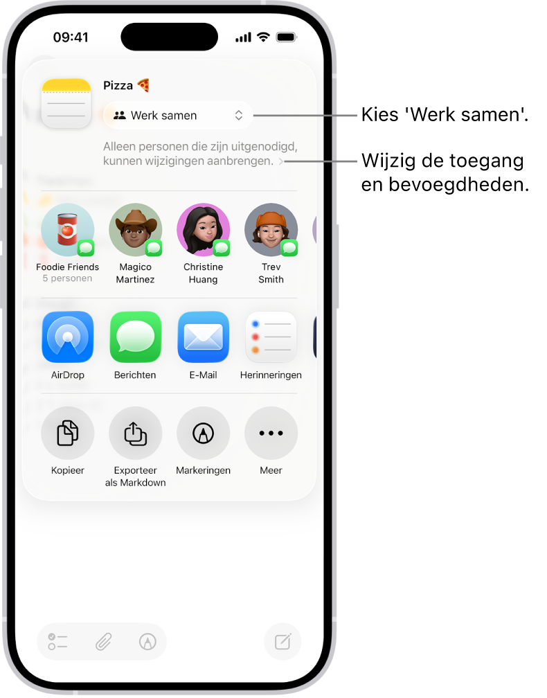 Een uitnodiging om samen te werken aan een recept in Notities, met 'Werk samen' als deeloptie en 'Alleen personen die zijn uitgenodigd, kunnen wijzigingen aanbrengen' als de instelling voor toegang en bevoegdheden. Daaronder staat een rij met vier mogelijke ontvangers, waaronder een groep. Op de volgende rij staan verschillende manieren om de notitie te delen: AirDrop, Berichten, Mail en Herinneringen.