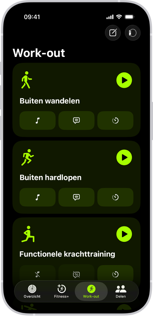 Het work-outscherm in Conditie met drie work-outtypen. Boven in het scherm staan knoppen om een work-out vast te leggen en een hartslagmeter aan te sluiten.