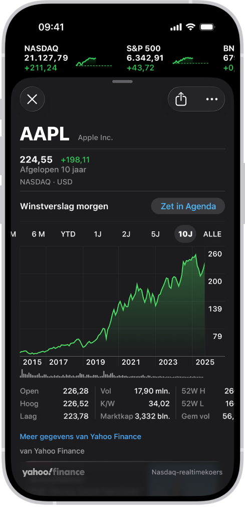 Een grafiek in het midden van het scherm toont de prestaties van een aandeel over een periode van 10 jaar. Boven de grafiek staan knoppen om de prestaties van het aandeel te tonen over een periode van 6 maanden, 1 jaar, 2 jaar, 5 jaar of 10 jaar. Onder de grafiek staan details zoals de openingskoers, de hoogste en laagste koers en de marktkapitalisatie.