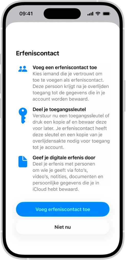 Het scherm 'Voeg herstelcontact toe', met voorgestelde contactpersonen die als herstelcontact kunnen worden geselecteerd en de optie om iemand anders te kiezen.
