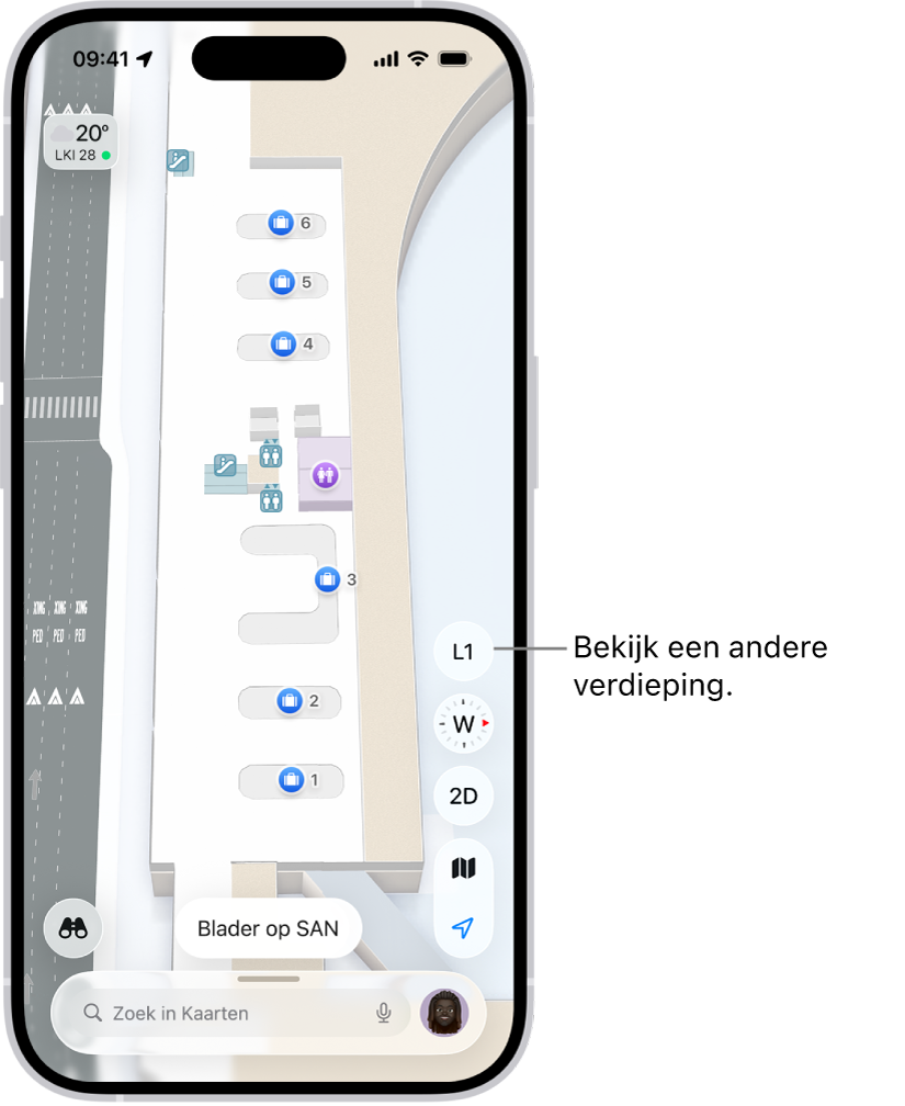 Een plattegrond van een luchthaventerminal. Er zijn onderdelen als immigratiecontrole, trappen, toiletten en een eerstehulppunt. Bij kaarten van gebouwen met meerdere verdiepingen kun je naar een andere verdieping gaan met de knop 'L1' (voor verdieping 1).