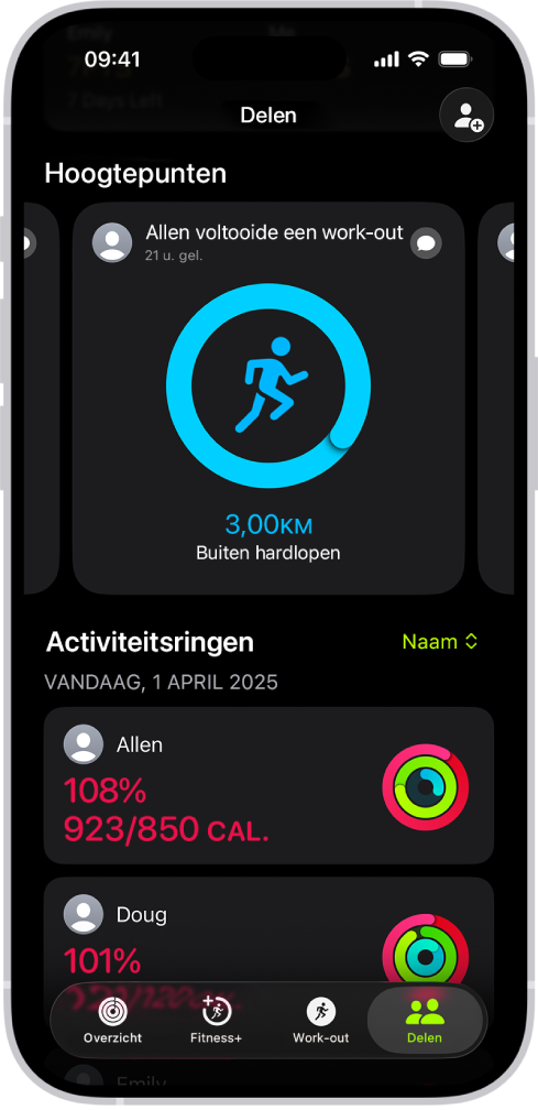 Het scherm 'Delen' in Conditie, waarin de activiteitsringen en activiteitsoverzichten van de gebruiker met vrienden worden gedeeld.