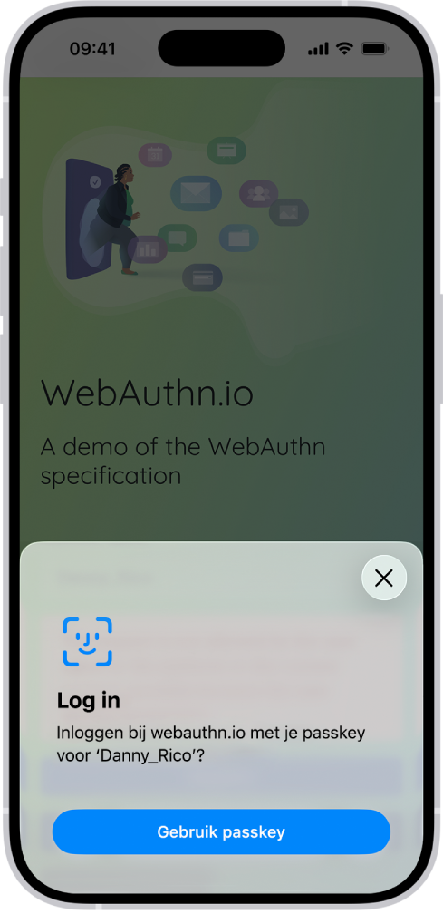 In de onderste helft van het iPhone-scherm staat de optie om met een passkey op een website in te loggen.