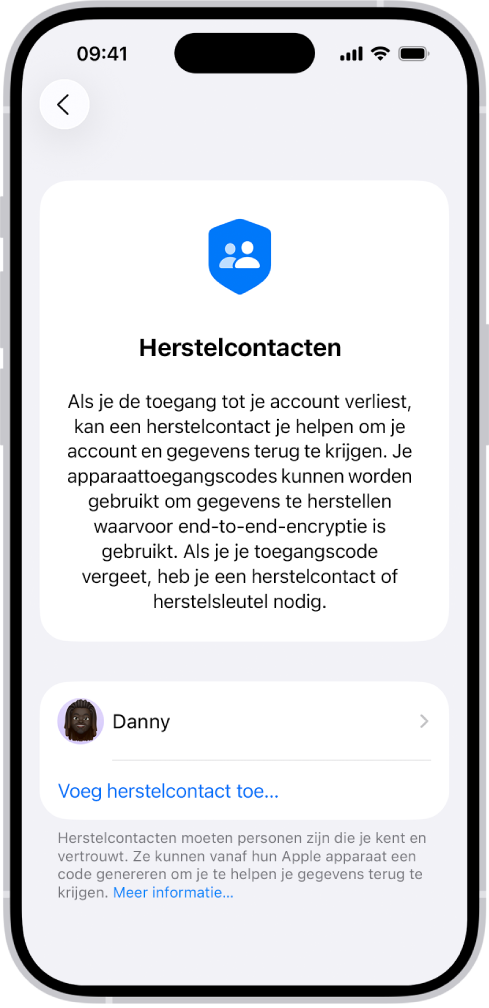 Het scherm 'Voeg herstelcontact toe'.