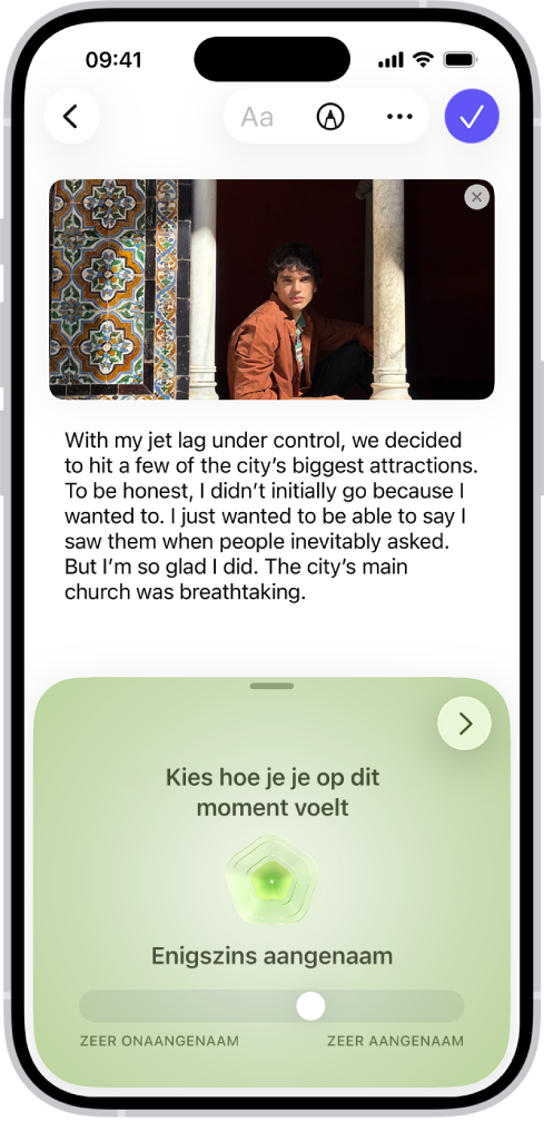 Een scherm in de Dagboek-app, met een dagboeknotitie met een gedeelte onderaan waar je je gemoedstoestand kunt vastleggen.