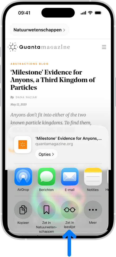 Er is op de deelknop op een website in Safari getikt en er is een lijst met opties te zien, waaronder 'Zet in leeslijst'.