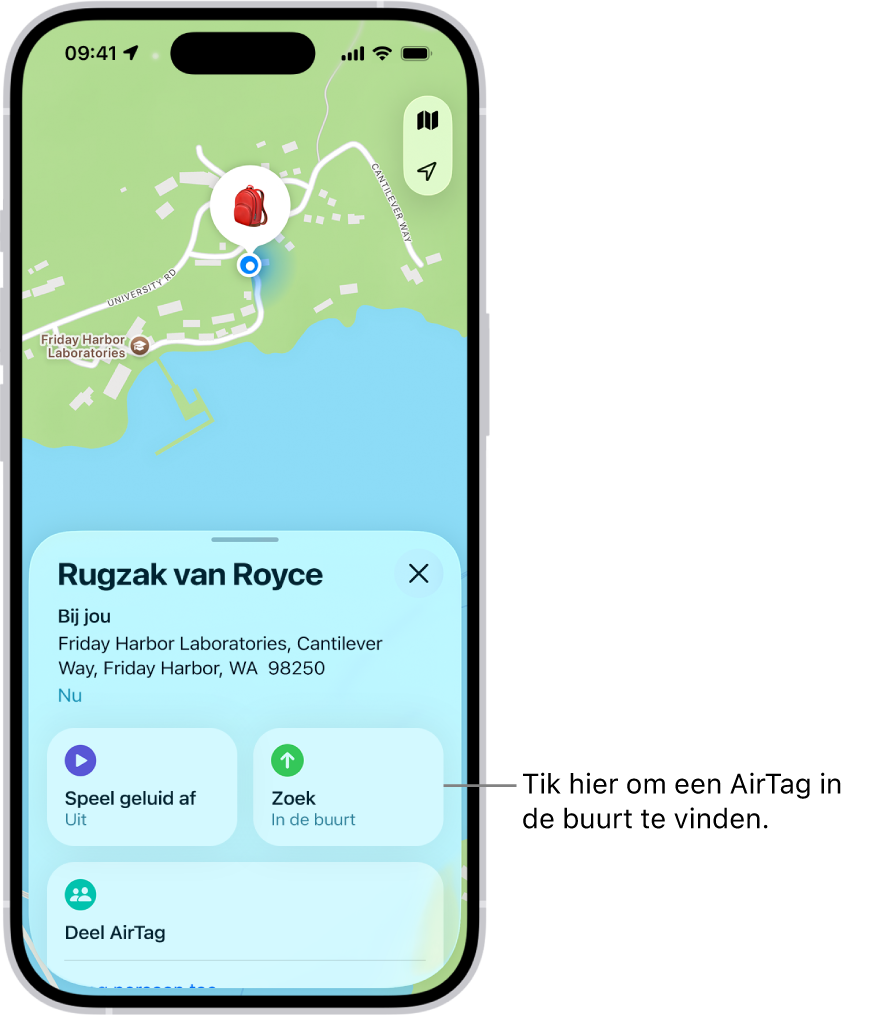 De Zoek mijn-app, waarin de sleutels van Dennis in Golden Gate Park te zien zijn. Tik op de knop 'Zoek' om een AirTag in de buurt terug te vinden.