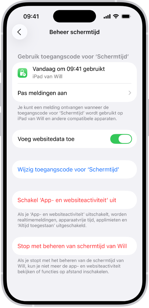 Het scherm 'Beheer schermtijd' voor een kind in een gezin. Boven in het scherm staat wanneer de toegangscode voor het laatst is gebruikt en op welk apparaat.
