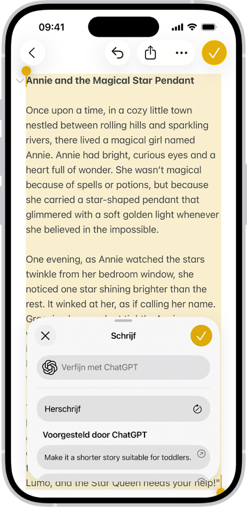 Een iPhone met tekst in de Notities-app. Onder in het scherm staat het dialoogvenster voor het schrijven van tekst met Schrijfhulp, met onder andere opties om een wijziging te beschrijven, tekst te herschrijven en ChatGPT-suggesties te kiezen.