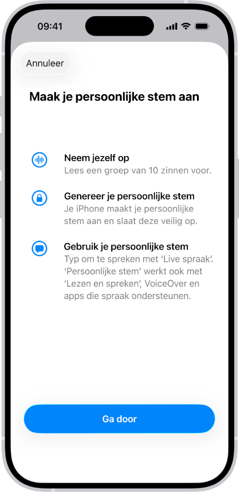 Een iPhone met informatie over het aanmaken van een persoonlijke stem.