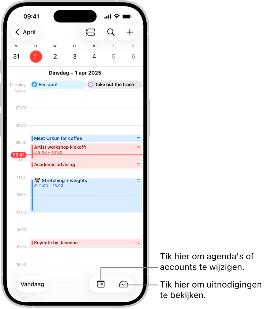 Een agenda in de dagweergave met de activiteiten van een dag. Middenonder in het scherm staat de knop 'Agenda's' en rechtsonderin staat de knop 'Inkomend'.