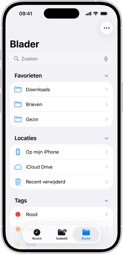 De Bestanden-app met meerdere mappen en locaties, zoals voor downloads, brieven en het gezin. Onder in het scherm staan de knoppen 'Recent' en 'Gedeeld' en de tab 'Blader'.