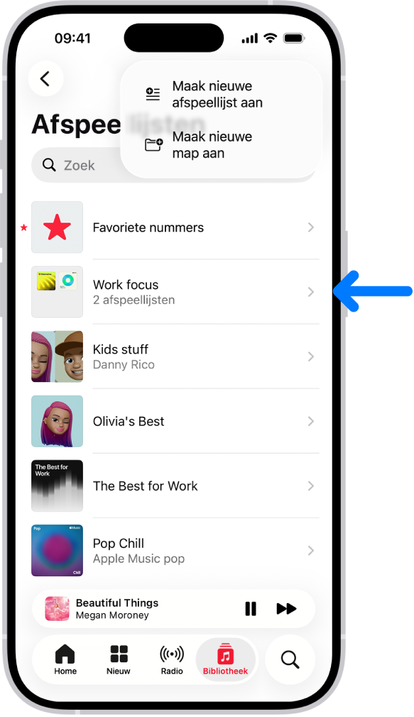 Het tabblad 'Bibliotheek' met de lijst met afspeellijsten. Bovenaan staan knoppen voor het aanmaken van een nieuwe afspeellijst of een nieuwe map. Een blauwe pijl wijst naar een afspeellijstenmap genaamd 'Work focus'.