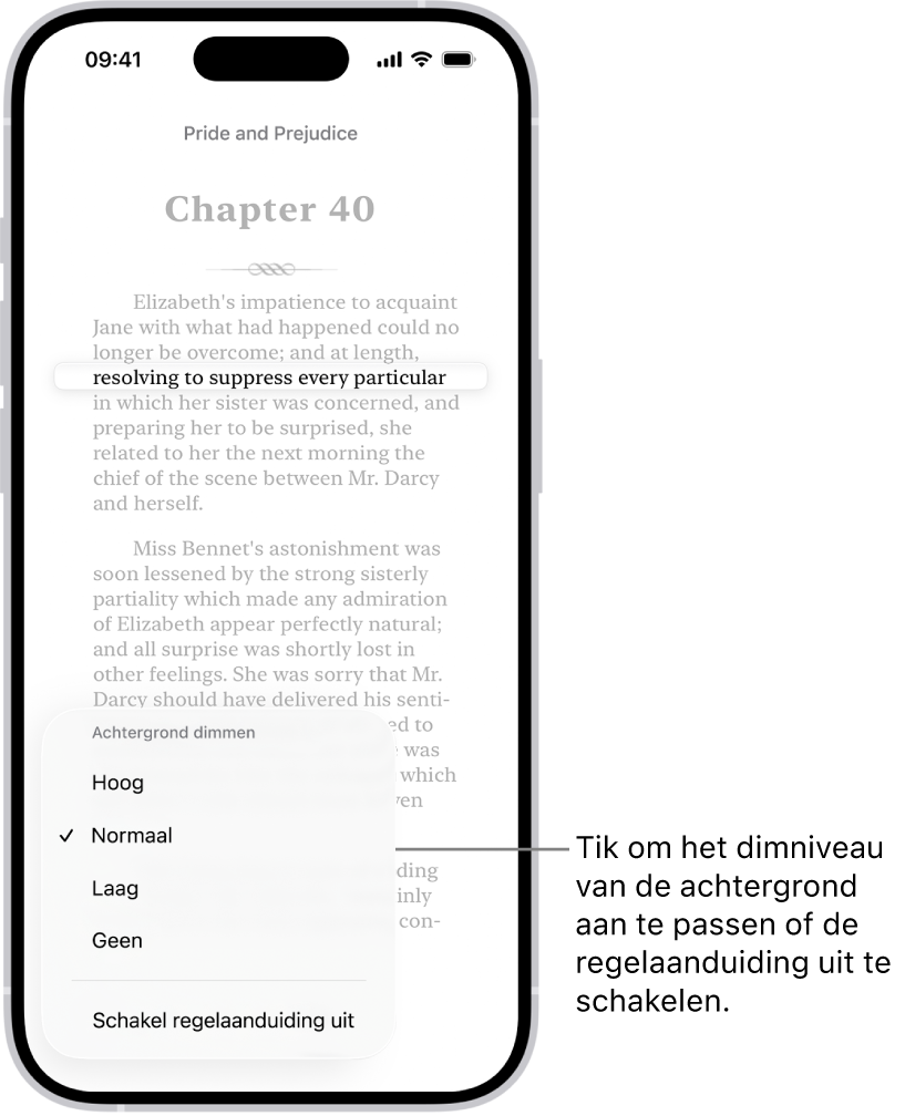 Een pagina van een boek in de Boeken-app. Eén regel tekst is uitgelicht en de rest van de tekst is gedimd. Linksonder in het scherm bevindt zich de knop met het regelaanduidingsmenu.