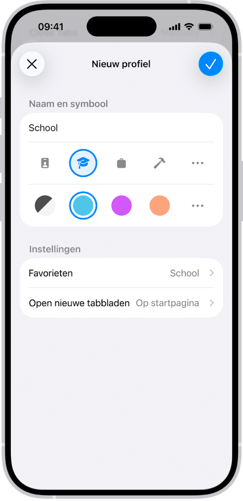 Een iPhone-scherm met de configuratie voor een nieuw profiel. Opties omvatten een symbool, de kleur, de bladwijzermap en de pagina waarin nieuwe tabbladen moeten worden geopend.